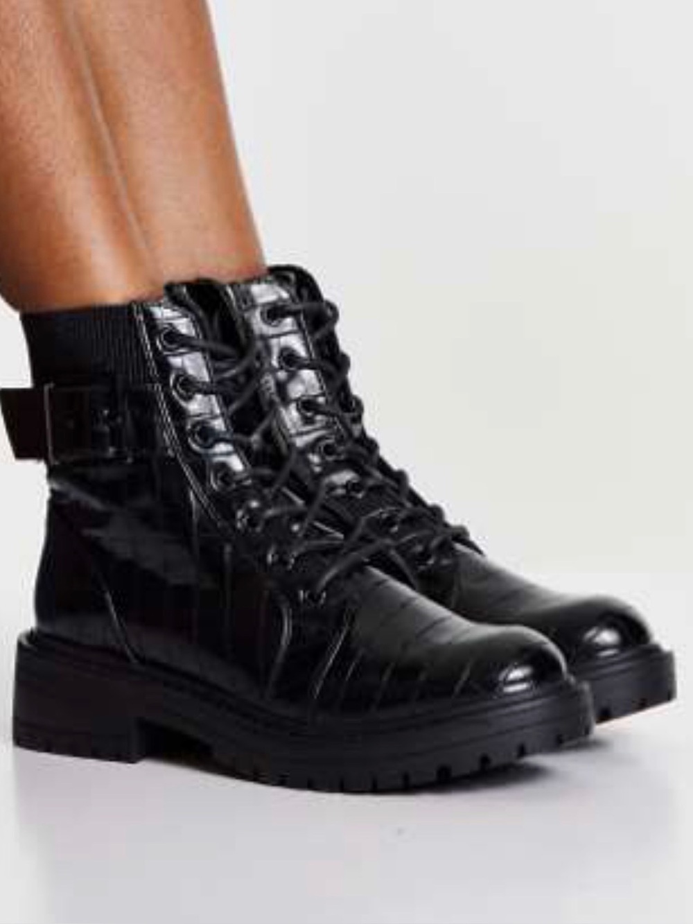 New Look (ASOS) Black Croc-Embossed Lace-Up Combat Boots